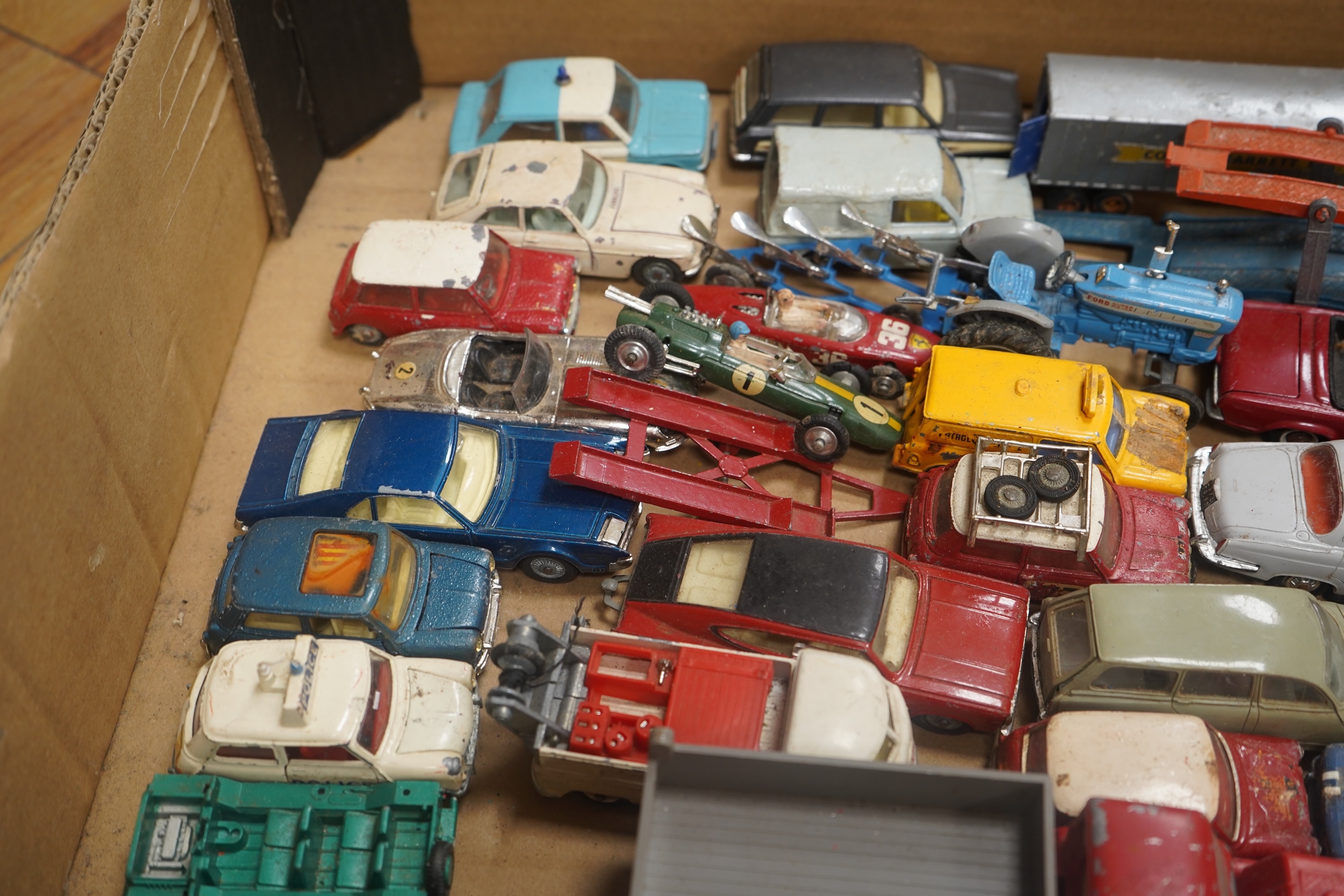 A collection of diecast vehicles by Dinky Toys, Corgi Toys, Husky, Matchbox Series, etc. including a good selection of French Dinky Toys military vehicles, original Chipperfields Circus vehicles, cars, commercial vehicle